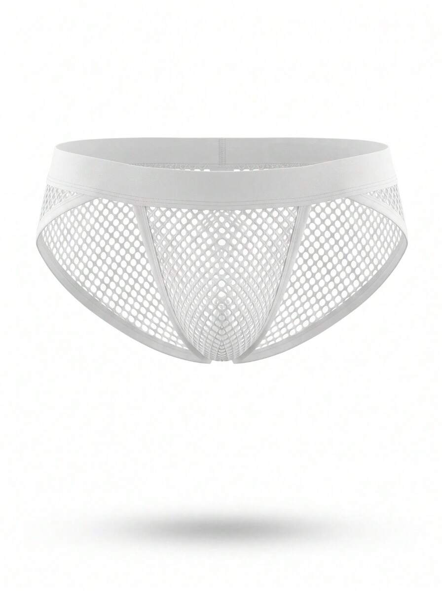 White hollow out mesh briefs for men featuring a low rise design and knitted polyester fabric.