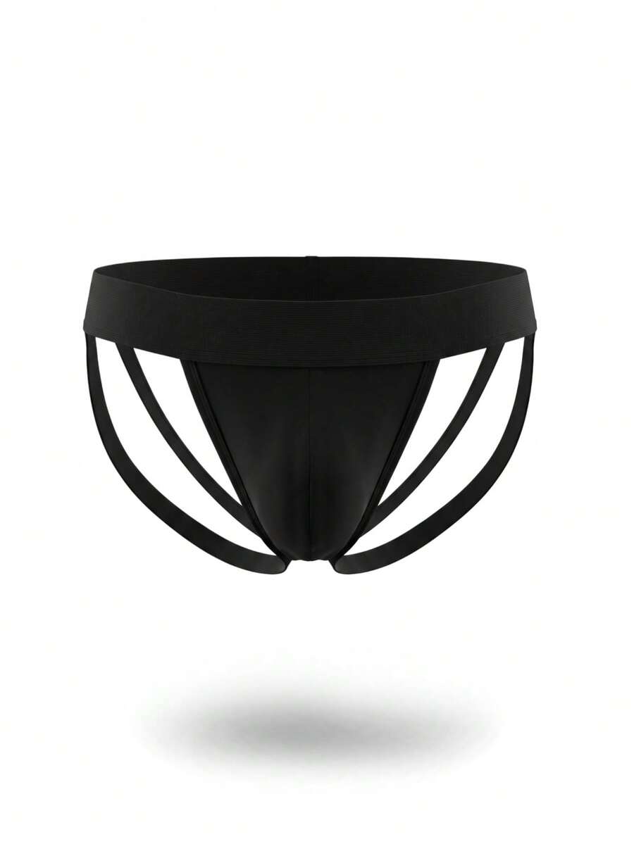 Plain black men's low-rise backless jockstrap underwear featuring a double pouch crafted from stretch knitted fabric.