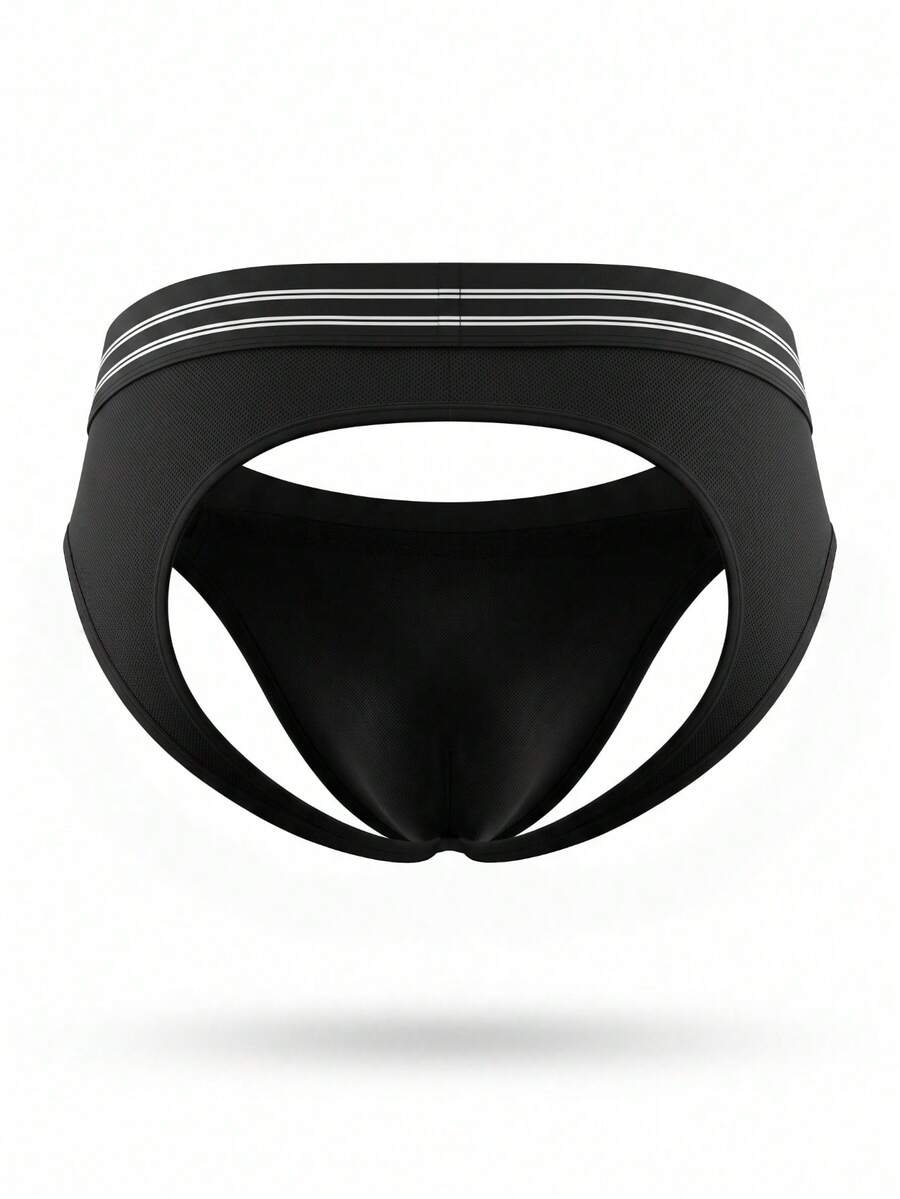 Front view of solid black low-rise men's jockstrap underwear made from knitted fabric.