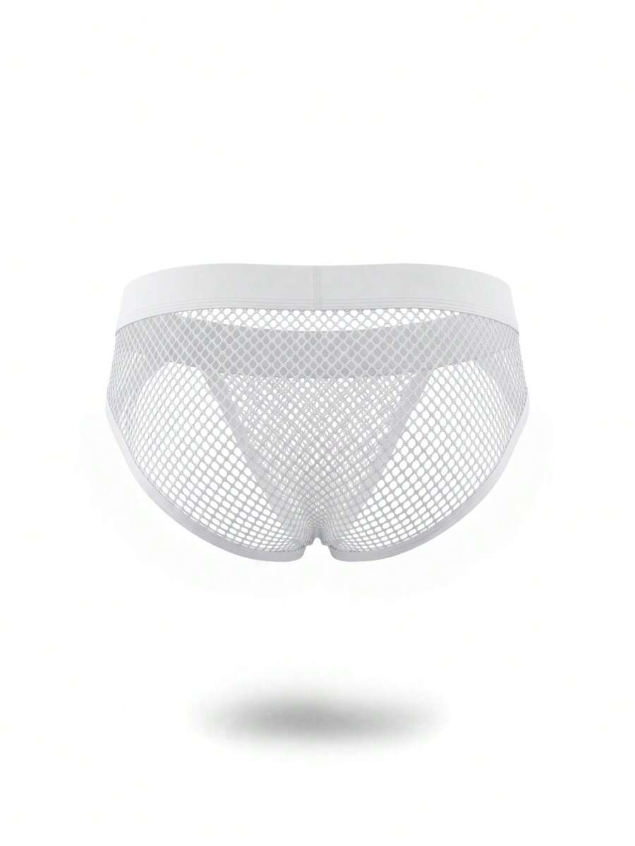White hollow out mesh briefs for men featuring a low rise design and knitted polyester fabric.