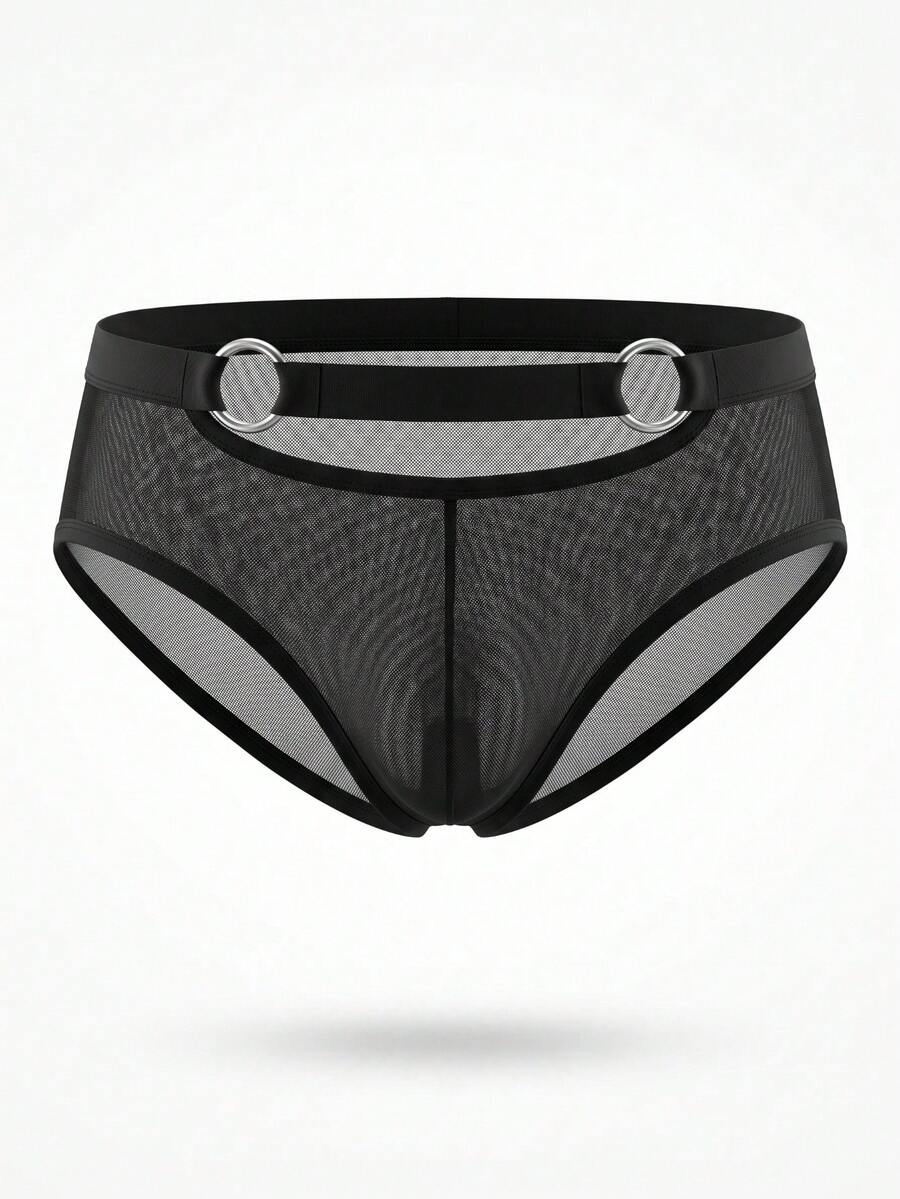 Men's black mesh briefs featuring a low rise cut and plain design made with medium stretch fabric.