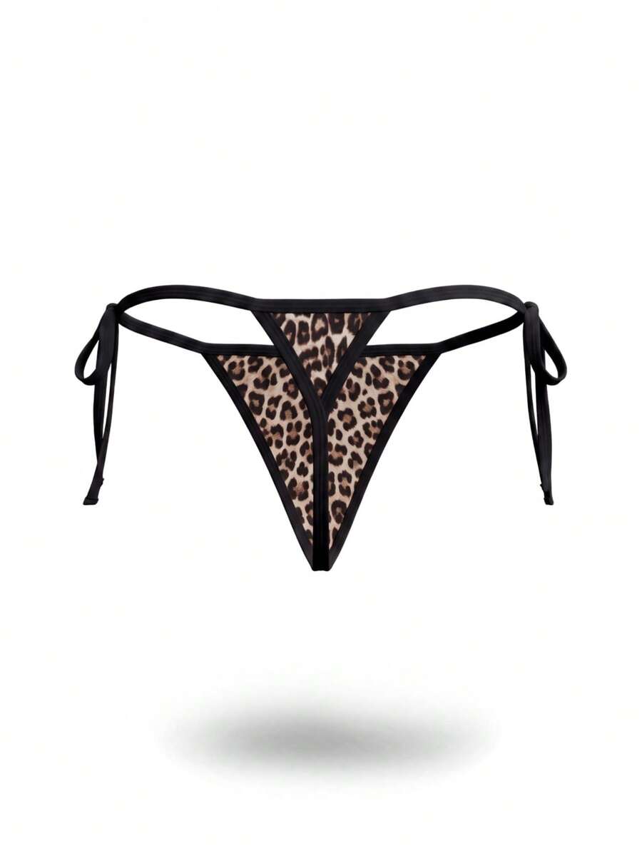 Multicolor leopard print men's low rise thong underwear made from stretch knitted fabric.