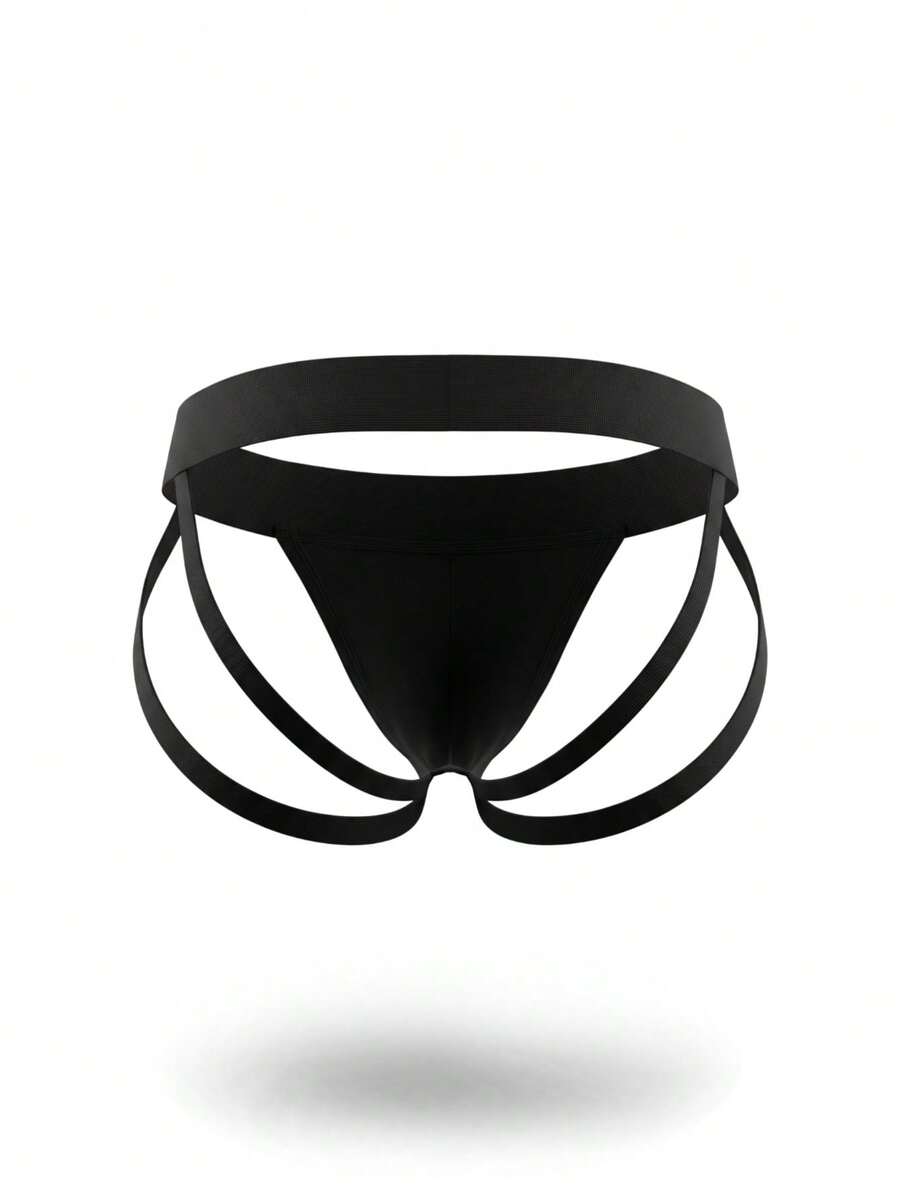 Plain black men's low-rise backless jockstrap underwear featuring a double pouch crafted from stretch knitted fabric.