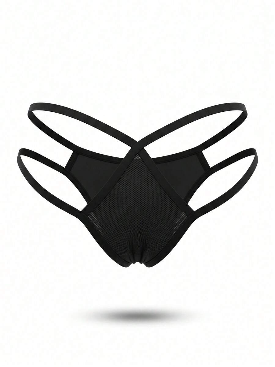 Black men's thong underwear with criss cross detail and low rise fit
