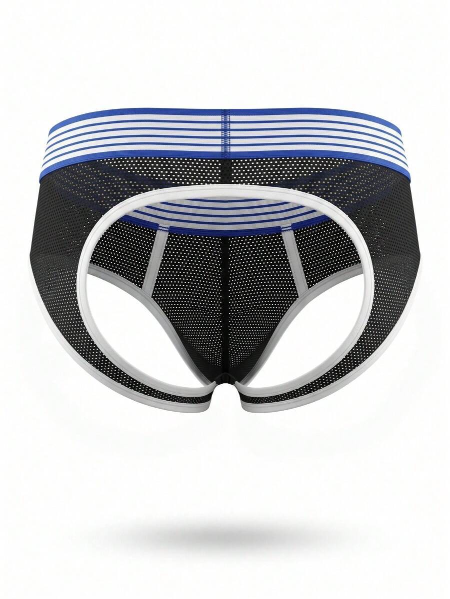 Men's low rise striped jockstrap underwear crafted from multicolor knitted stretch fabric.