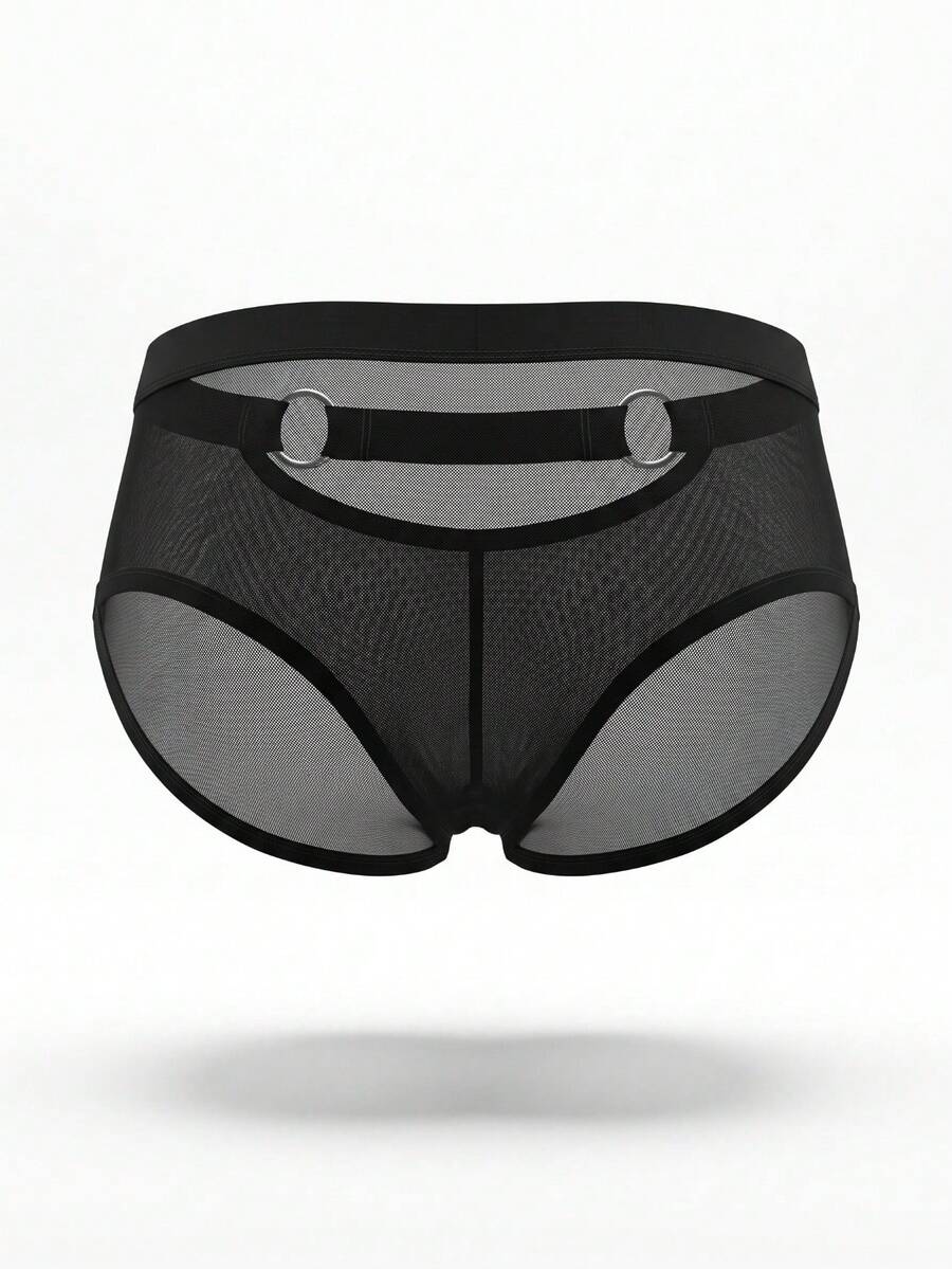 Men's black mesh briefs featuring a low rise cut and plain design made with medium stretch fabric.