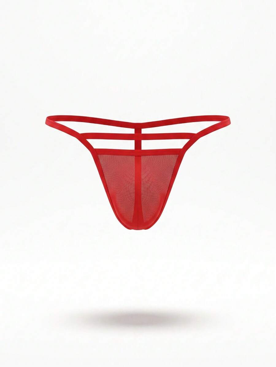 Red low rise men's thong underwear made from colorblock mesh fabric.
