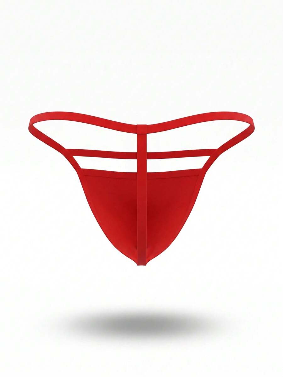 Red low rise men's thong underwear made from colorblock mesh fabric.