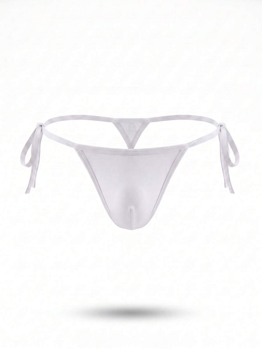 Men's black knitted fabric low-rise thong underwear featuring knot detail.