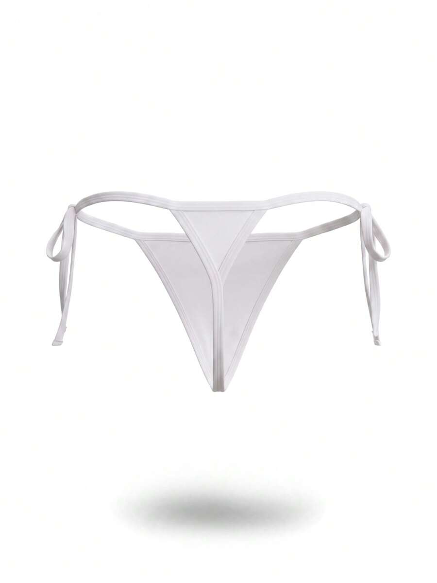 Men's black knitted fabric low-rise thong underwear featuring knot detail.