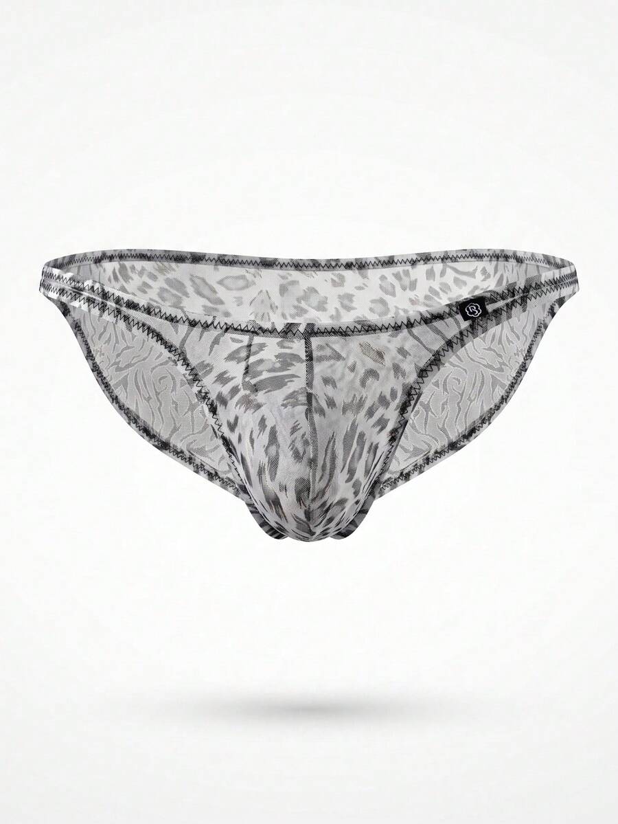 Grey low-rise men's mesh triangle briefs featuring a textured leopard print pattern.