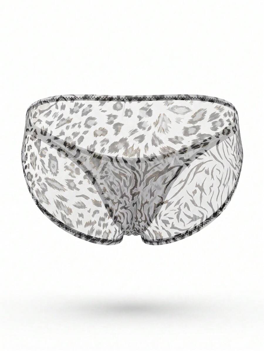 Grey low-rise men's mesh triangle briefs featuring a textured leopard print pattern.
