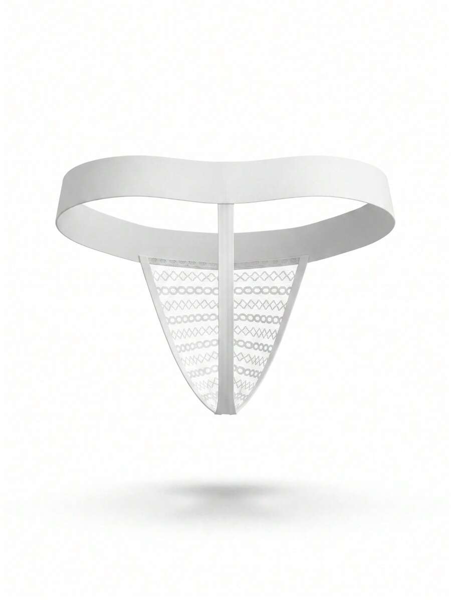 White low rise men's mesh thong underwear featuring a colorblock style.