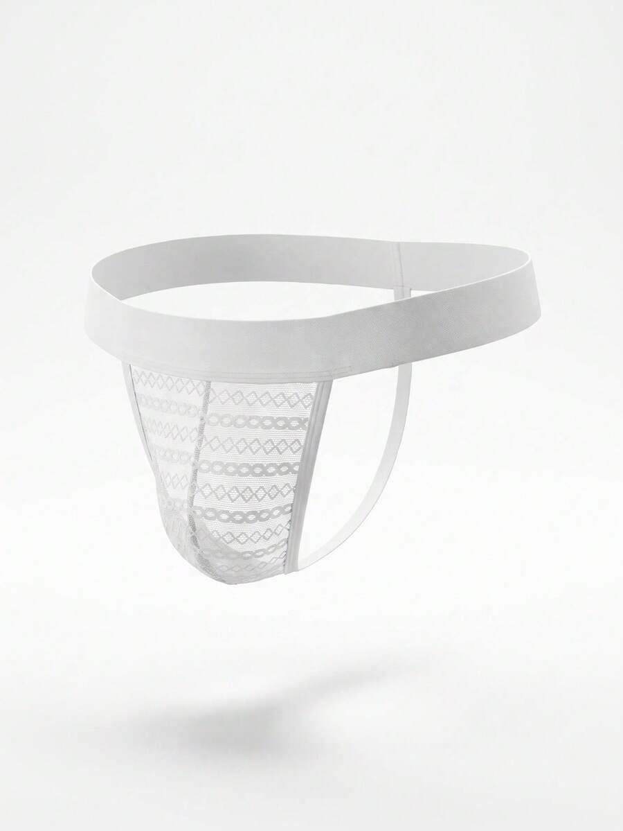 White low rise men's mesh thong underwear featuring a colorblock style.