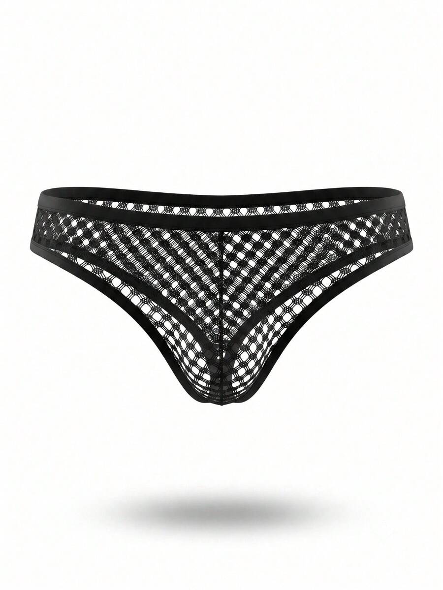 Black men's mesh thong underwear with cut out contrast mesh details and low rise waistband.
