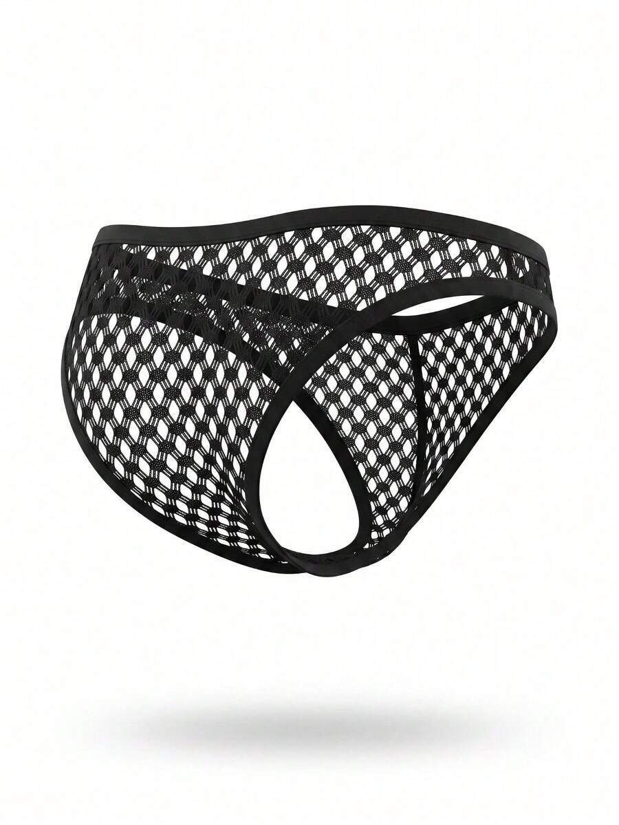 Black men's mesh thong underwear with cut out contrast mesh details and low rise waistband.