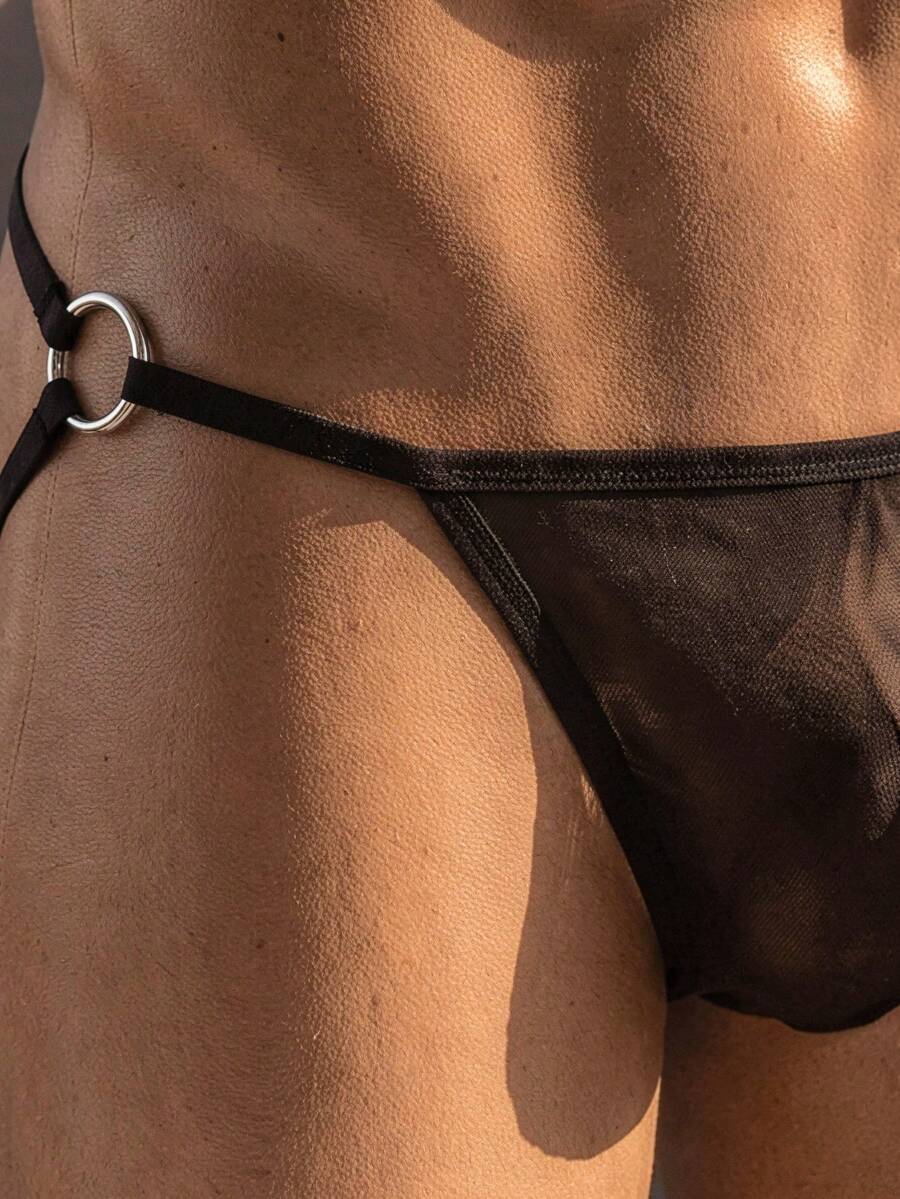 Black hollow mesh open back jockstrap men's underwear with low rise waistband