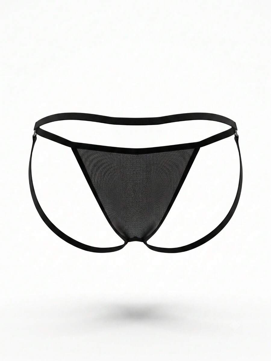 Black hollow mesh open back jockstrap men's underwear with low rise waistband