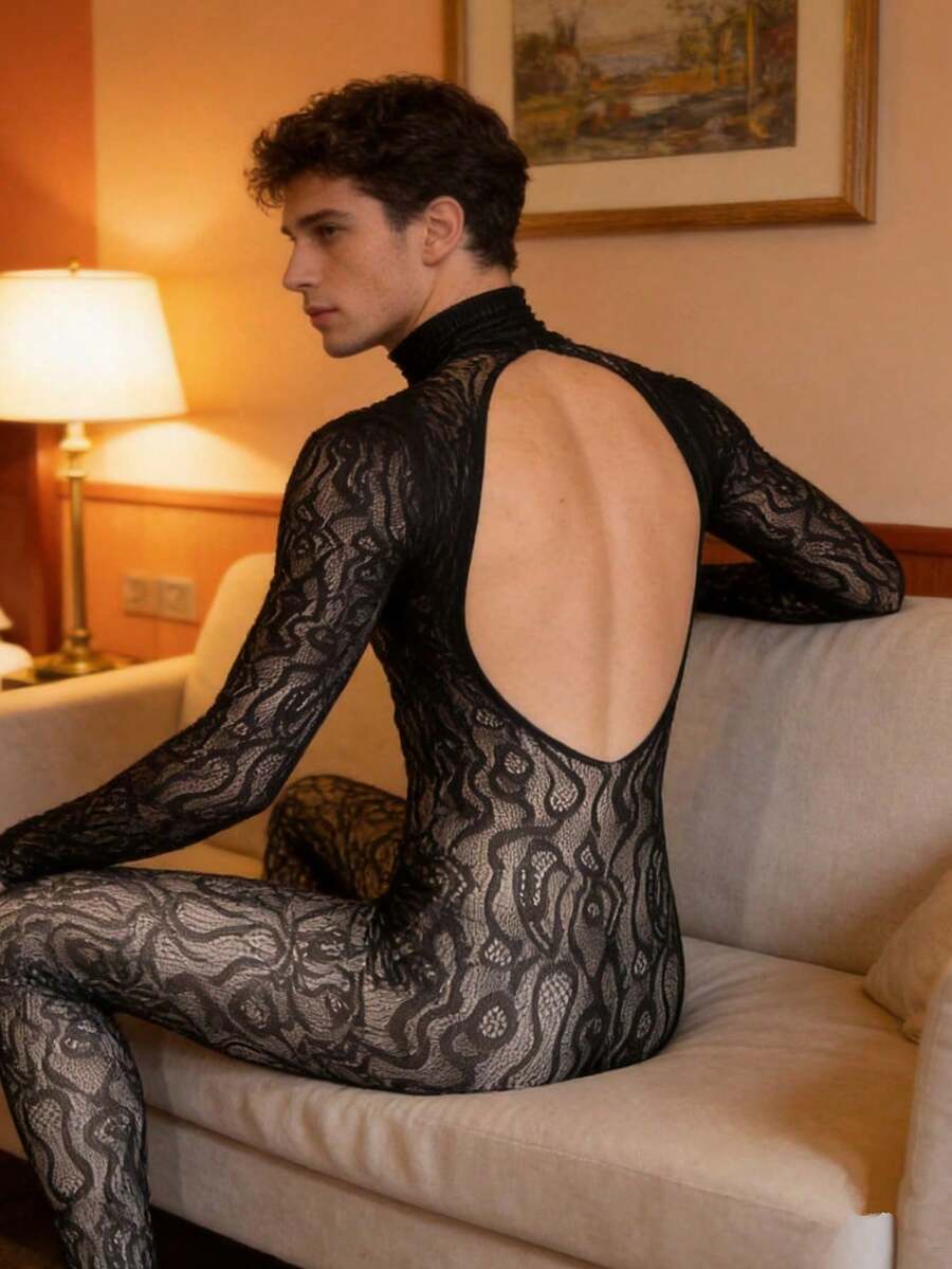 Black see-through fishnet lingerie jumpsuit for men with hollow-out design and high stretch fabric.