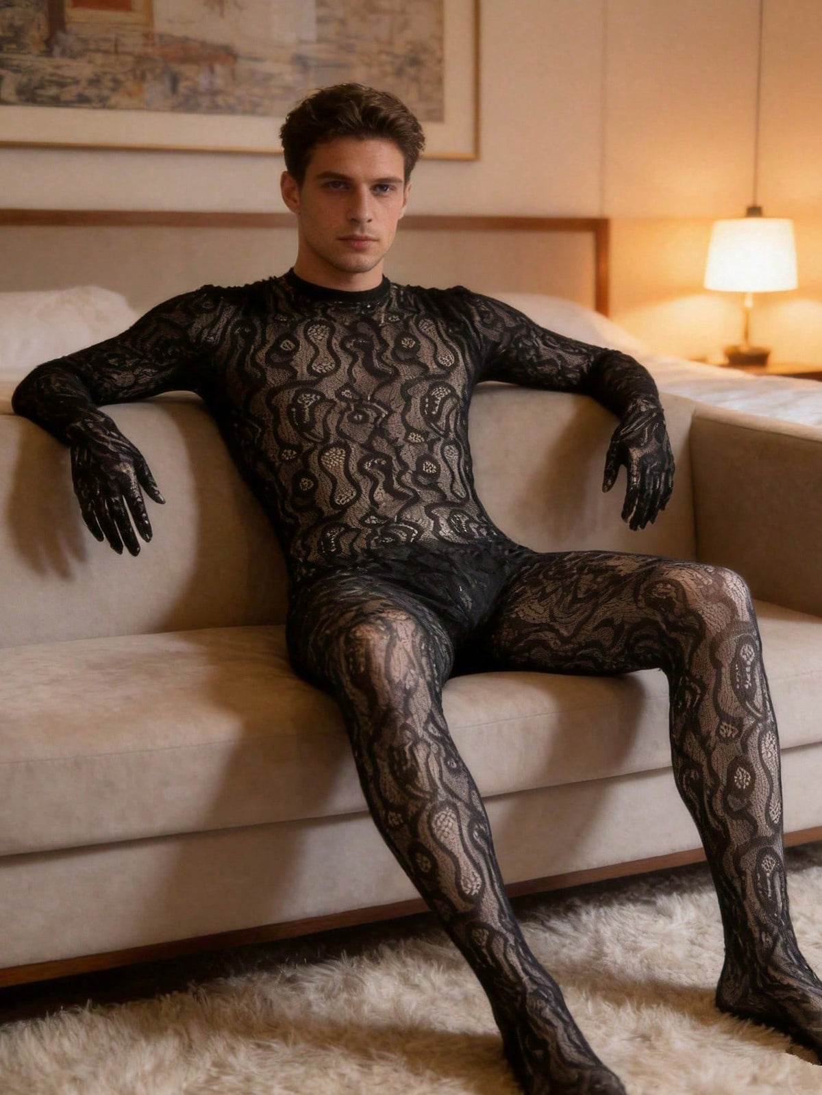 Black see-through fishnet lingerie jumpsuit for men with hollow-out design and high stretch fabric.