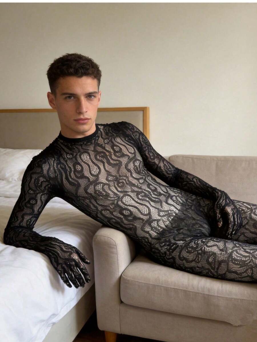 Black see-through fishnet lingerie jumpsuit for men with hollow-out design and high stretch fabric.