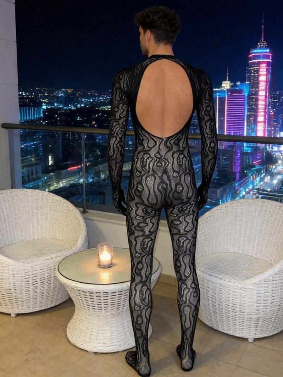 Black see-through fishnet lingerie jumpsuit for men with hollow-out design and high stretch fabric.