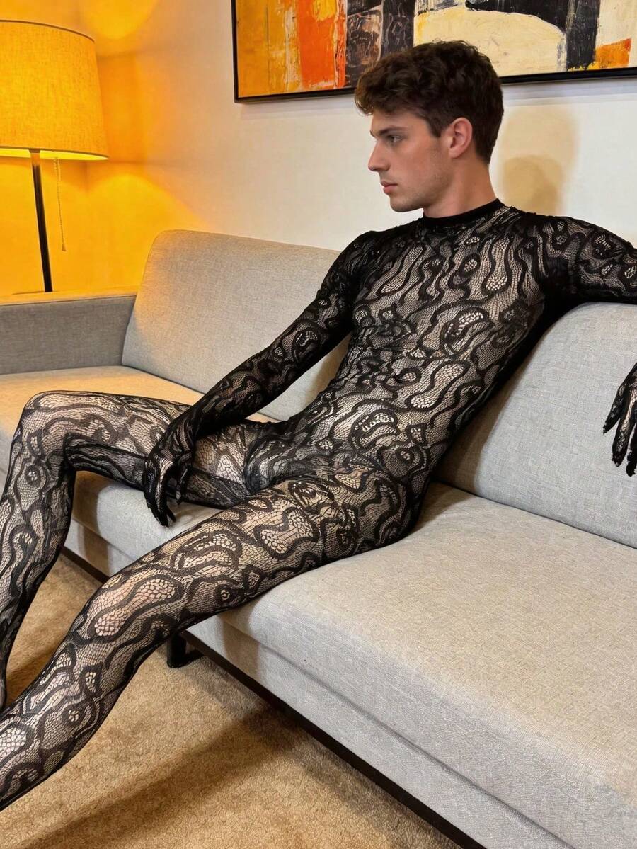 Black see-through fishnet lingerie jumpsuit for men with hollow-out design and high stretch fabric.