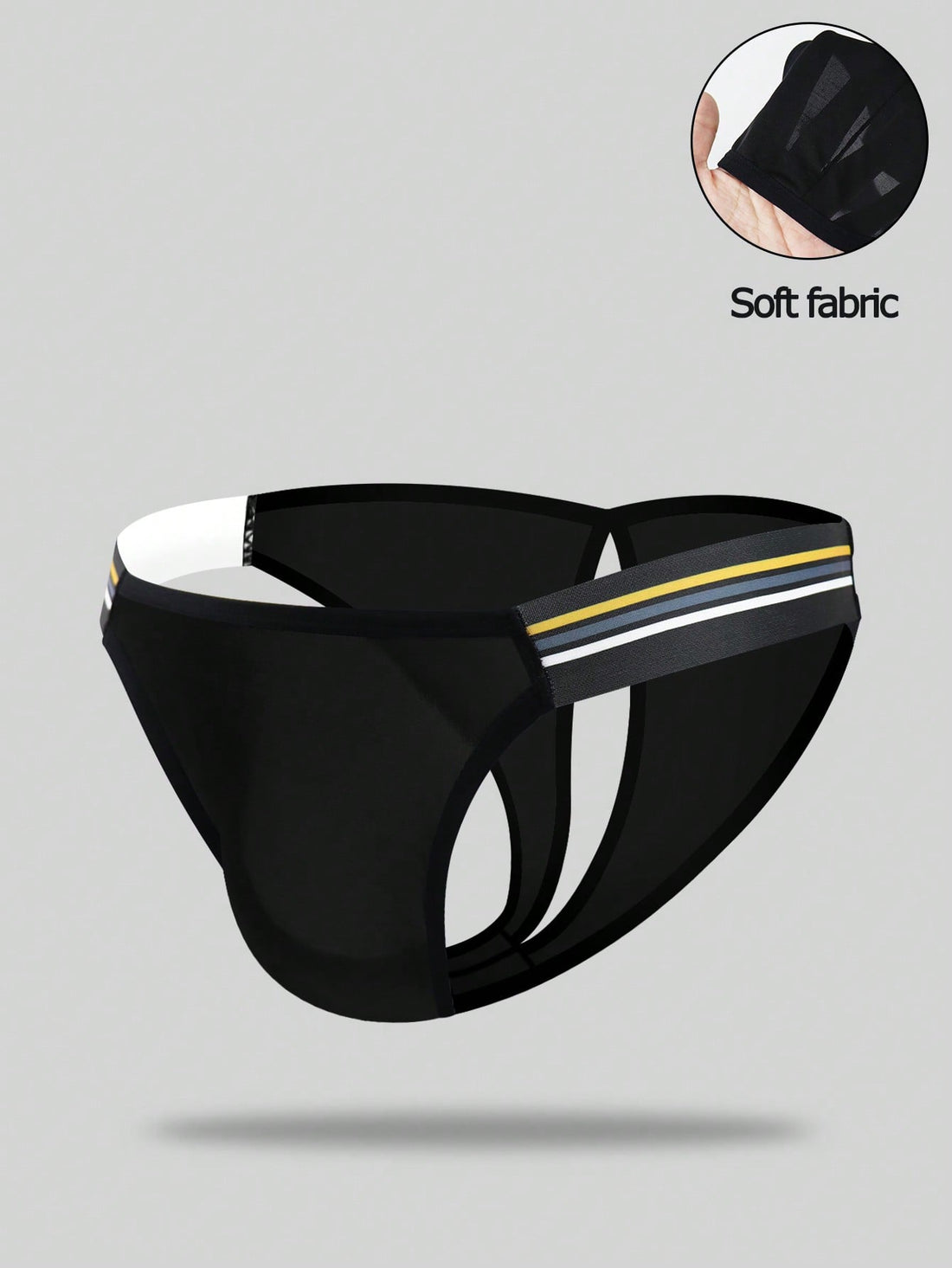 Black low-rise men's jockstrap underwear crafted from medium stretch knitted fabric.