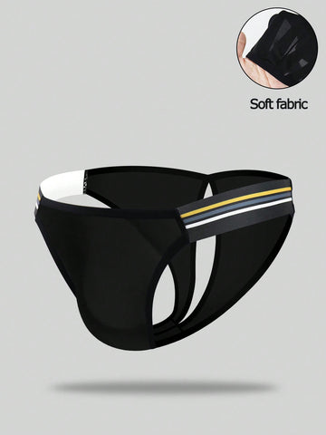Black low-rise men's jockstrap underwear crafted from medium stretch knitted fabric.