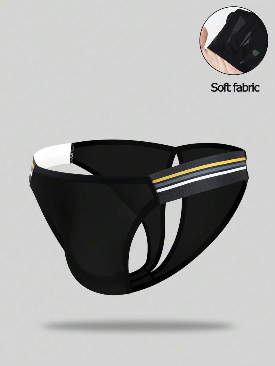 Black low-rise men's jockstrap underwear crafted from medium stretch knitted fabric.