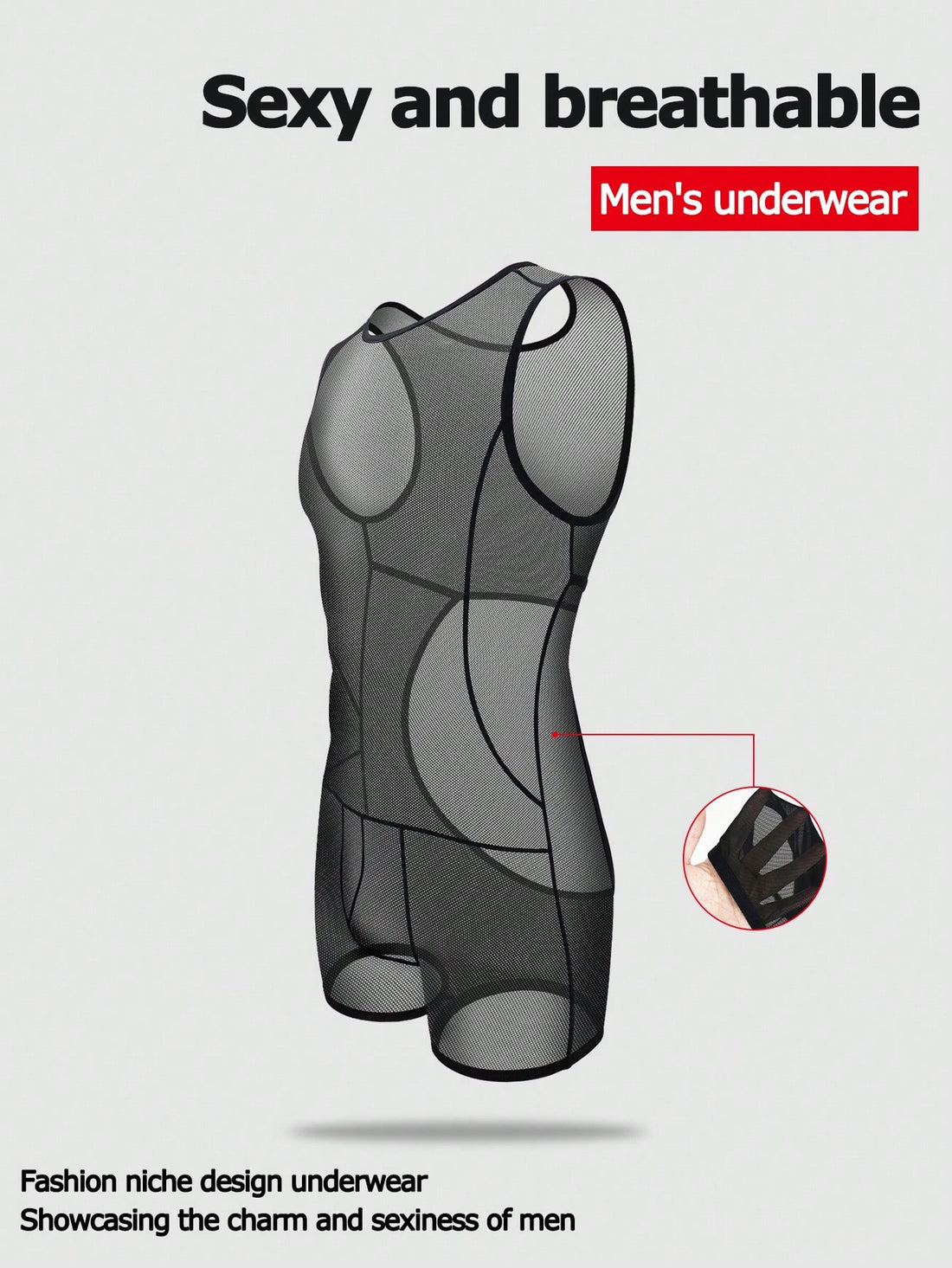 Black hollow mesh bodysuit boxer shorts for men with mid rise waist and stretch fabric