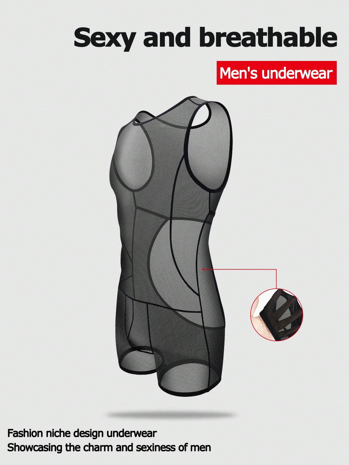 Black hollow mesh bodysuit boxer shorts for men with mid rise waist and stretch fabric