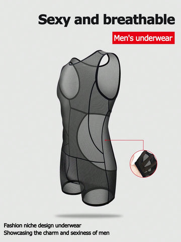 Black hollow mesh bodysuit boxer shorts for men with mid rise waist and stretch fabric