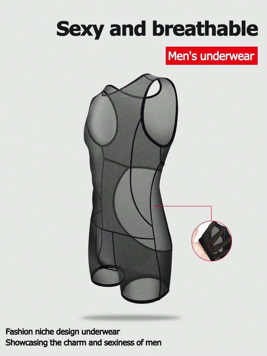 Black hollow mesh bodysuit boxer shorts for men with mid rise waist and stretch fabric