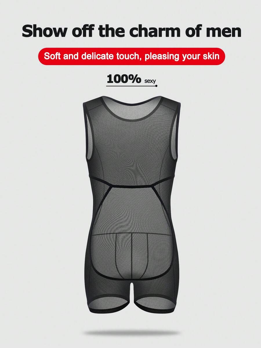 Black hollow mesh bodysuit boxer shorts for men with mid rise waist and stretch fabric