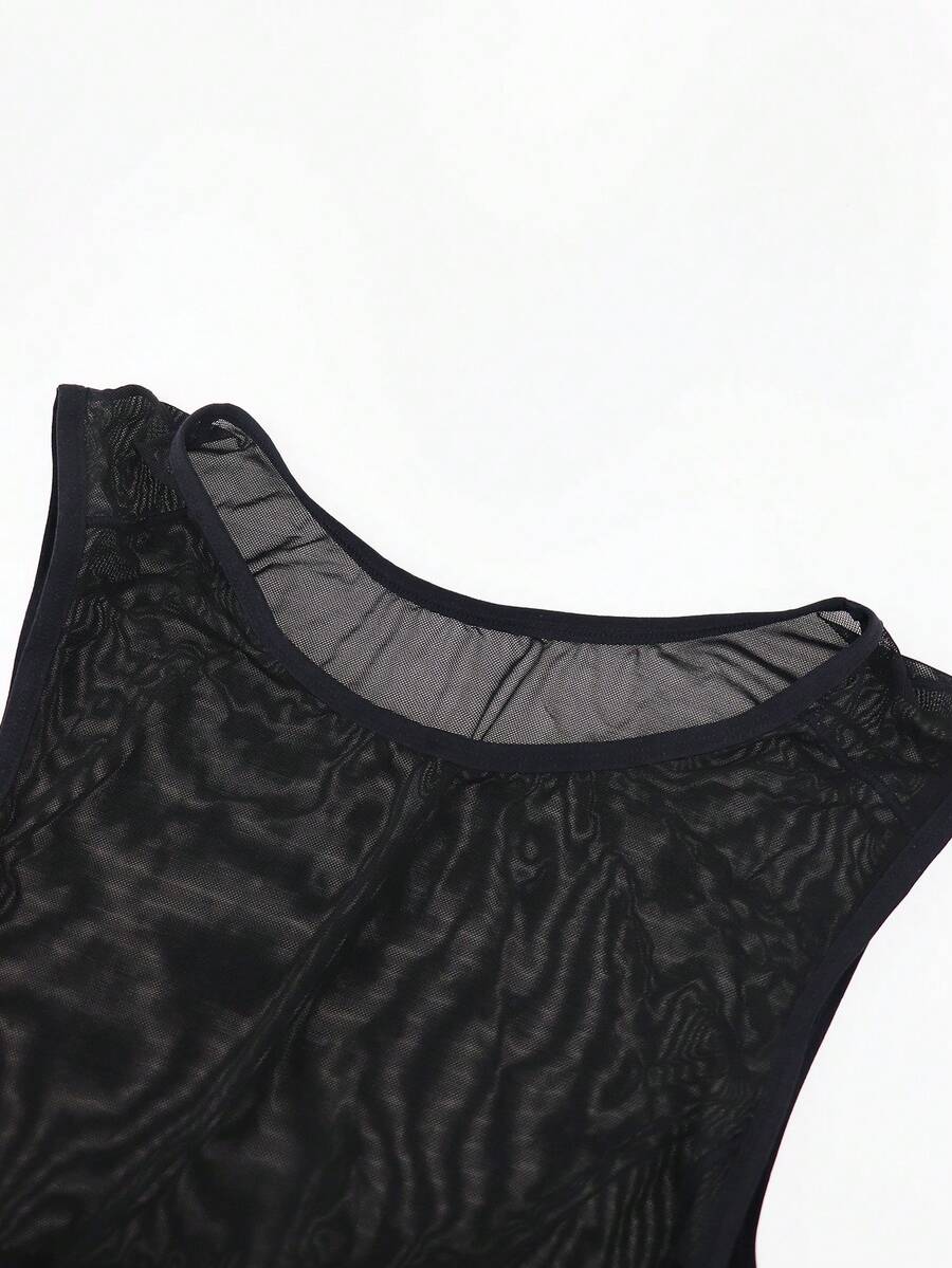 Black hollow mesh bodysuit boxer shorts for men with mid rise waist and stretch fabric