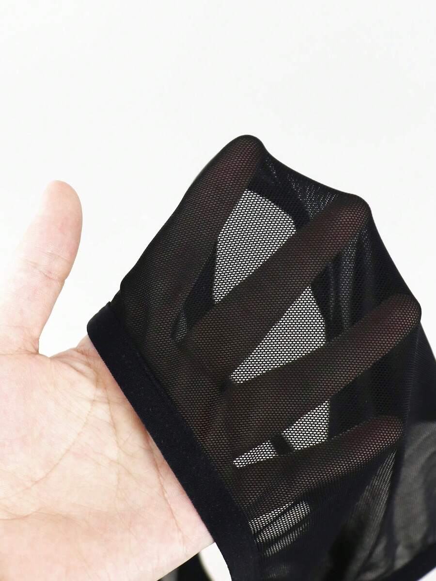 Black hollow mesh bodysuit boxer shorts for men with mid rise waist and stretch fabric