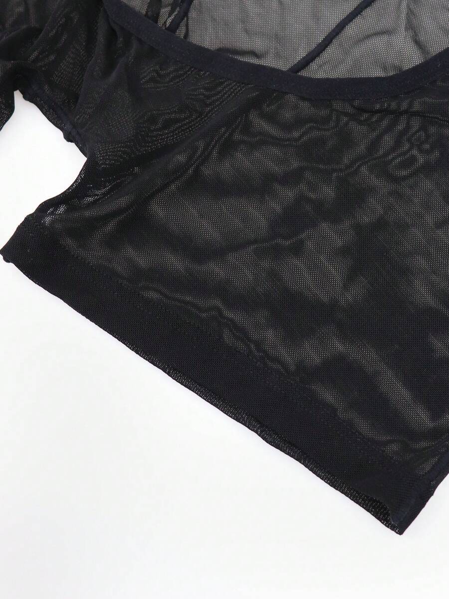 Black hollow mesh bodysuit boxer shorts for men with mid rise waist and stretch fabric