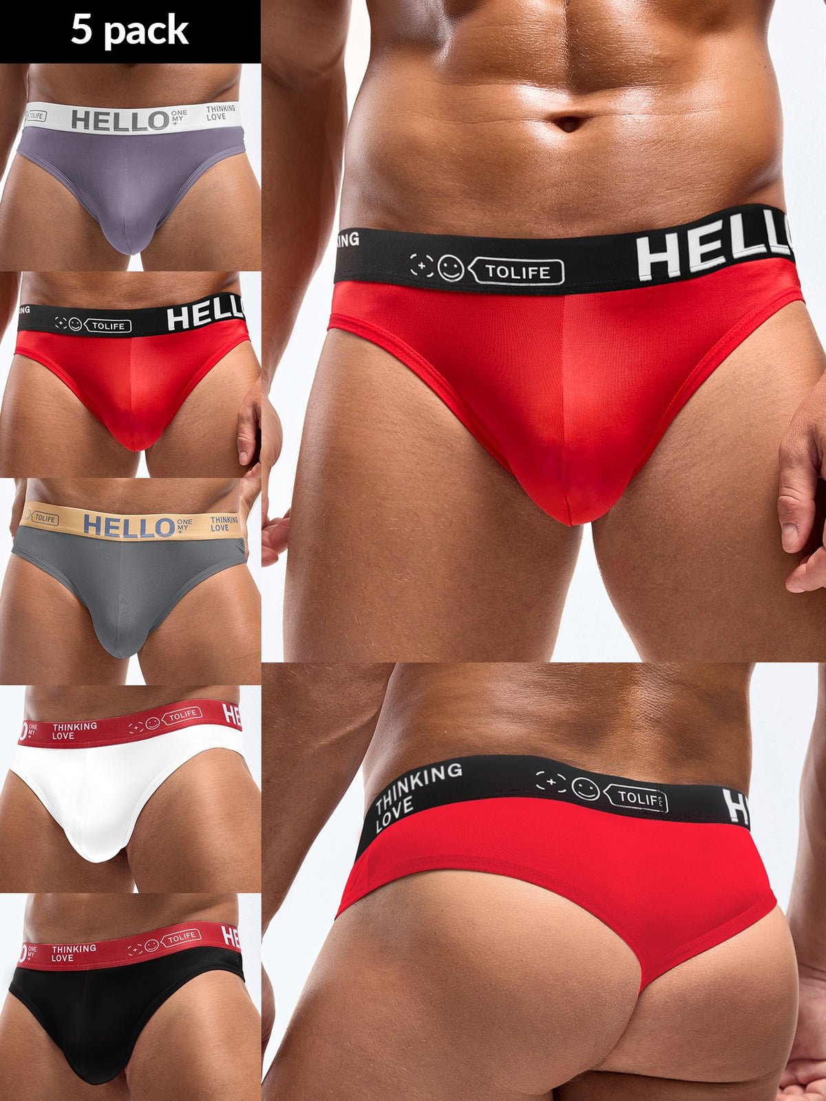 5 pack of men's low rise thongs with letter print design in multicolor knitted fabric