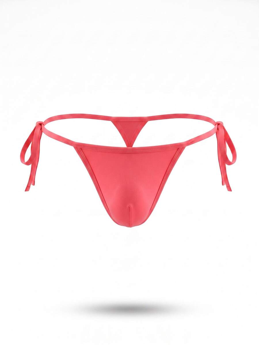 Men's black knitted fabric low-rise thong underwear featuring knot detail.