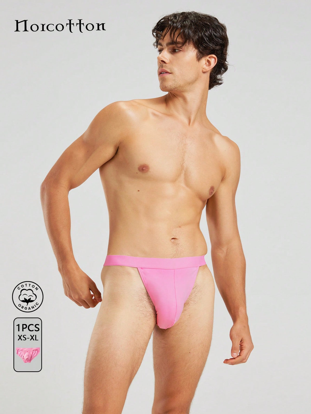 Pink men's low-rise cotton triangle briefs featuring sporty cut and decorative fake pockets.