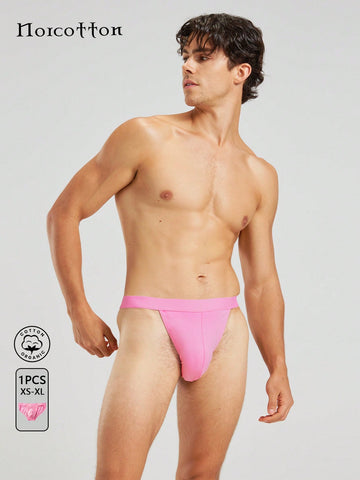 Pink men's low-rise cotton triangle briefs featuring sporty cut and decorative fake pockets.