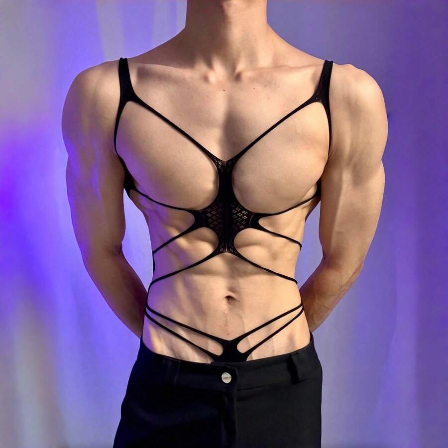 Black men's erotic bodysuit lingerie featuring cut-out hollow details, V-neck line, semi-sheer knitted fabric, and low rise fit.