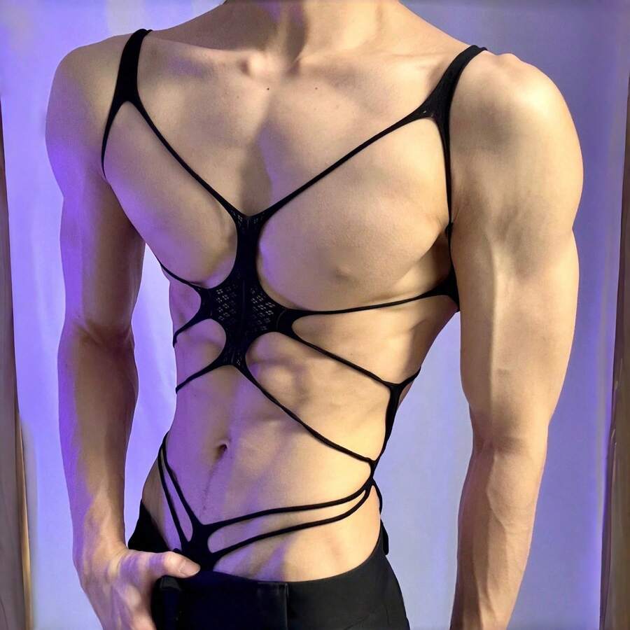 Black men's erotic bodysuit lingerie featuring cut-out hollow details, V-neck line, semi-sheer knitted fabric, and low rise fit.