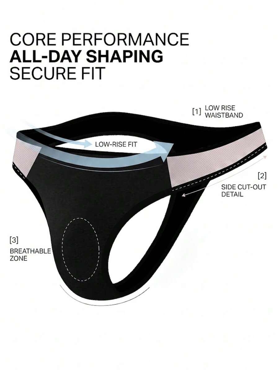 Black low-rise men's thong underwear with letter print pattern made of knitted fabric.