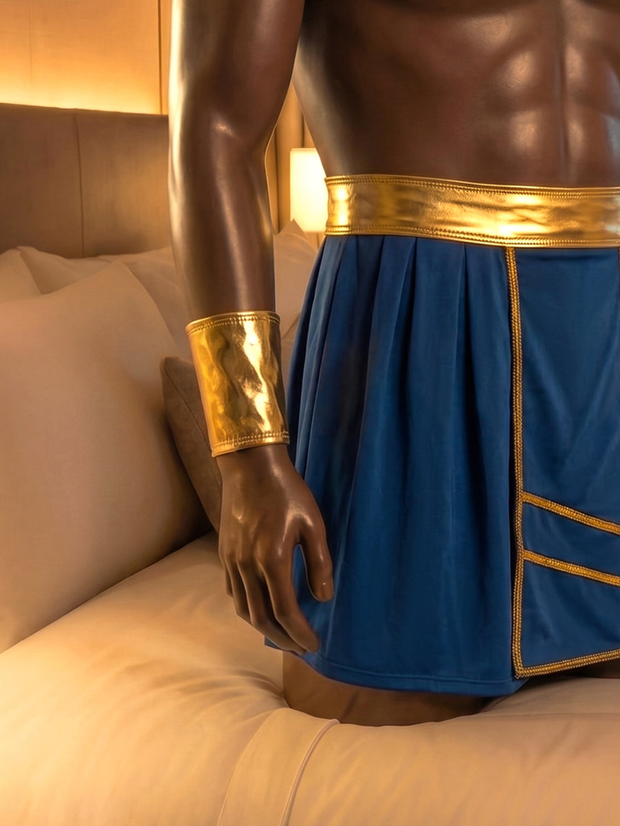 Blue men's role play costume outfit for Halloween parties featuring a stand collar, contrast binding details, and Bermuda shorts.