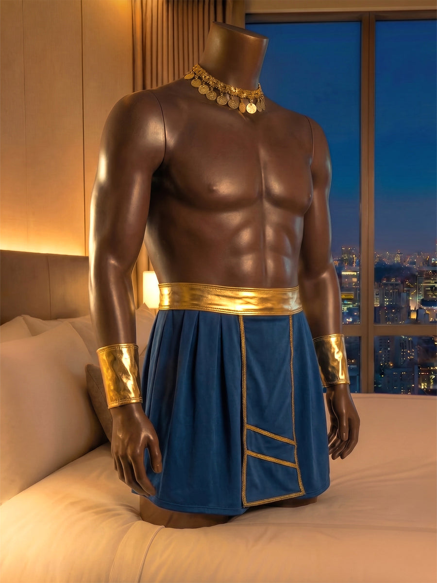 Blue men's role play costume outfit for Halloween parties featuring a stand collar, contrast binding details, and Bermuda shorts.