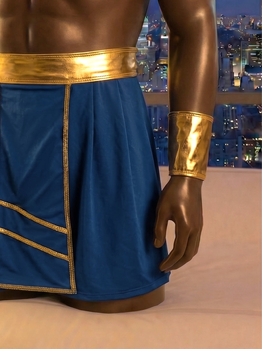 Blue men's role play costume outfit for Halloween parties featuring a stand collar, contrast binding details, and Bermuda shorts.