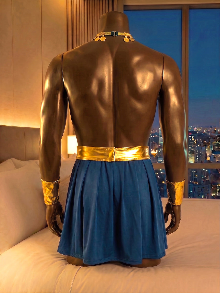 Blue men's role play costume outfit for Halloween parties featuring a stand collar, contrast binding details, and Bermuda shorts.
