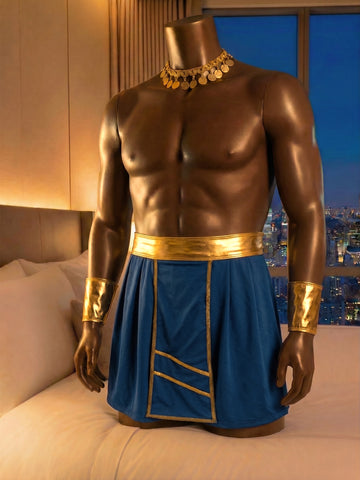 Blue men's role play costume outfit for Halloween parties featuring a stand collar, contrast binding details, and Bermuda shorts.